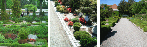 Individuelle urnegravsteder: med lav buksbomhæk, med stenkant, med sidehække og åben forkant. Greve Kirkegård, Odder Ny Kirkegård og Brønshøj Kirkegård