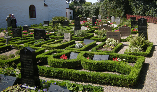 Inspiration fra renæssancen: På øen Lyø er kirkegården delt op som et renæssanceparterre med lave buksbomhække i et regelmæssigt mønster. Foto: Susanne Guldager