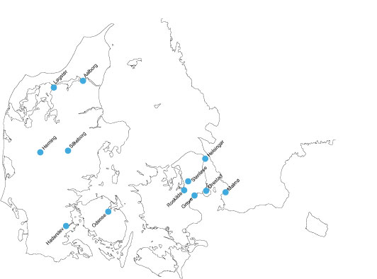 Danmarkskort med placering af de 12 udvalgte projekter