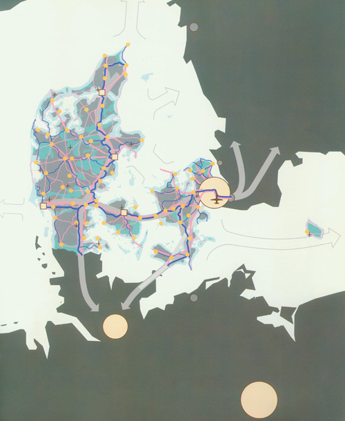 Det første danske nationale planperspektiv fra Landsplanredegørelsen i 1992. Relationer til nabolande og nationale trafikforbindelser er fremhævet. Dette oversigtsbillede var suppleret med SWOT analyser af de danske byregioners konkurrenceevne.