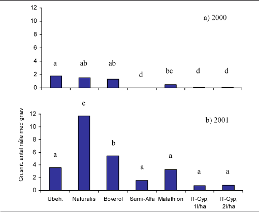 Figur 2. Resultat af bekæmpelsesforsøg overfor voksne gråsnuder. Antal nåle med gnav for hvert bekæmpelsesmiddel. Signifikante forskelle i behandlinger er indikeret med bogstaver. I 2000 gav de konventionelle bekæmpelsesmidler en effekt i forhold til ubehandlet,mens dette ikke var tilfældet i 2001.