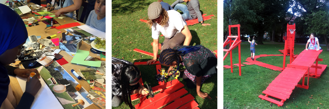 Børn designer og bygger rødmalet byggelegeplads i park