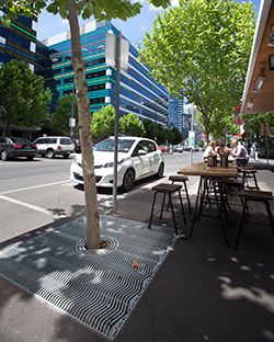 Gadetræ i Melbourne, hvor plantehullet automatisk vandes med regnafstrømning – som led i at spare på drikkevandet og stimulere en grøn by. Foto: City of Melbourne