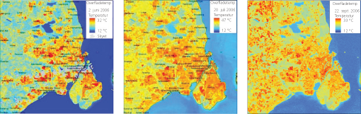Figur 1. Kort over overfladetemperaturer i København og omegn på udvalgte dage i 2006.