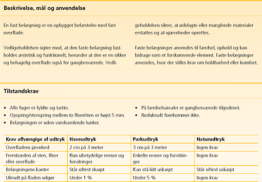 Eksempel på beskrivelse af mål og tilstandskrav for elementet »Faste belægninger«.