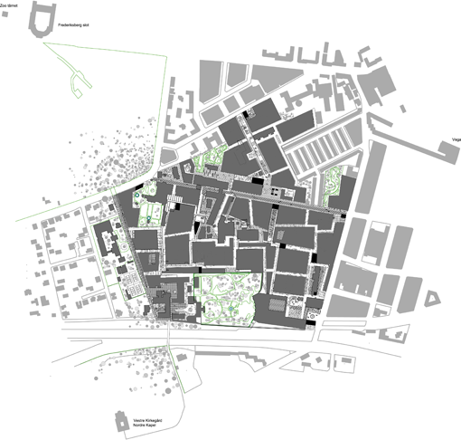 Projektet »Vores Rum« med det irregulære gade-plads mønster er dannet i forhold til, hvor der er kældre under gadeplan. Illustration: Entasis Arkitekter.