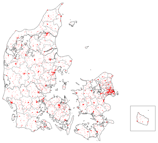 Industriområder præger det danske landkort og på grund af socio-økonomiske forandringer danner de stadig oftere udgangspunkt for ny byudvikling. Her ses industriområder bygget mellem 1840 til 1975. De røde markeringer angiver områder, hvor mindst 70% af bygningerne er opført til industrielle formål. Kilde: Industriens Bygningsarv, Dansk Bygningsarv og Realdania