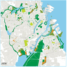 Kortlægning fra 2008 viser eksisterende kirkegårde, parker og naturområder mv., kolonihaver og grønne idræts- og fritidsarealer i Københavns Kommune. Illustration: Københavns Kommune, 2009