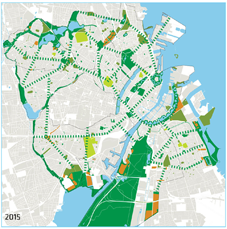 Københavns Kommunes vision viser et koncept for, hvorledes der kan skabes sammenhæng mellem parker og grønne områder frem mod 2015. Illustration: Københavns Kommune, 2009