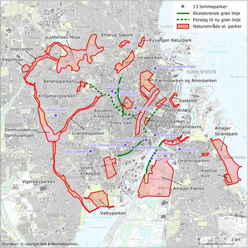 Eksisterende og potentielle spredningskorridorer. Illustration: Københavns Kommune / Cowi, 2010