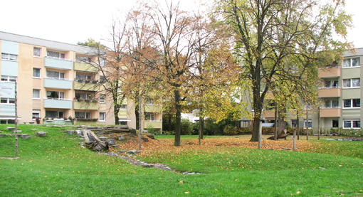 Boligområde ved Emscher floden. Nedløbsrør og vandrender leder regnvandet til grønne områder. Foto: Antje Backhaus