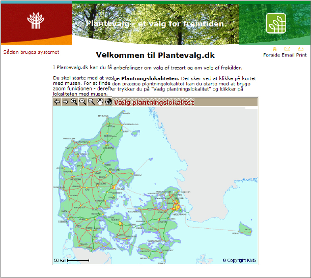 Plantevalg.dk er opbygget som en database, der på baggrund af plantningslokaliteten og plantningsformålet kommer med forslag til muligt egnede træarter og frøkilder.