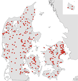Figur 1. Fordelingen af 290 skoler i Danmark der arbejder med udeskole (2007).