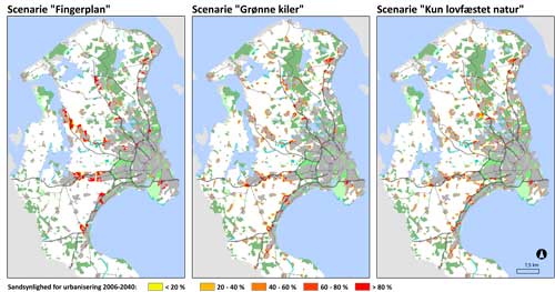 Figur 2: Sandsynligheden for byudvikling 2006-2040 i 3 scenarier. Kortene viser sandsynligheden for byvækst efter 100 modelkørsler for hvert scenarie. Celler, som er mørkerøde, er blevet bebygget i mindst 80 af de 100 kørsler, dvs. chancen for byvækst er over 80 %.