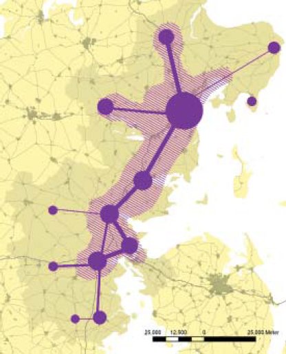 Figur 5: Mønsteret for pendling, indkøbsture og fritidsture i det østjyske bybånd kan dels beskrives som forbindelser af forskellig tyngde mellem en række centre (knudepunkter) for interaktion, og dels som et større kerneområder med omfattende vækst i pendling og transport mellem nye og mere diffuse mål.