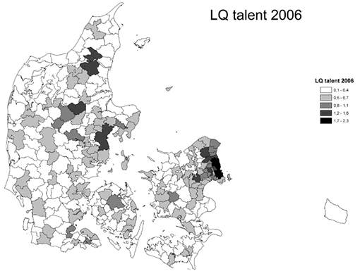 Figur 2. Figuren viser hvor brugen af talenter er lokaliseret i Danmark fordelt på inddelingen af kommunerne fra før 2007.