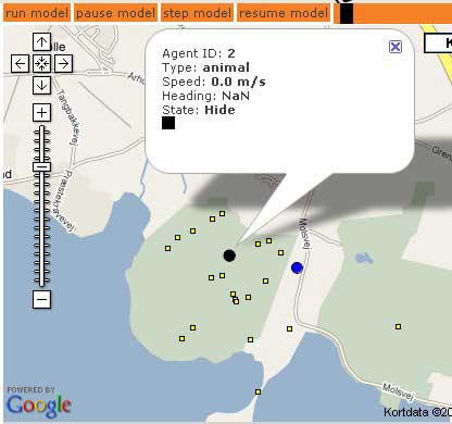 Figur 2: KVINTUS og Google Maps. Cirklerne er rådyr (den sorte gemmer sig mens den blå græsser). De gule firkanter er besøgende.
