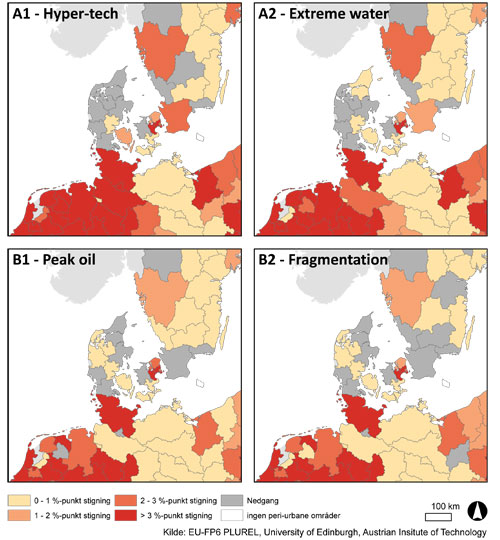 Figur 1: Urbanisering i peri-urbane områder 2005 – 2025. Regionerne omkring København samt i det nordvestlige Tyskland vil vokse hurtigere i de peri-urbane (bynære) områder end i både by- og landområder.