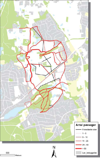 Figur 2: Fordeling af passager i Søllerød Naturpark og ønsker til nye stier. De ønskede stier er markeret med sort.