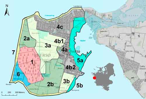 Figur 1. Kort over Reersø inddelt i landskabskarakterområder