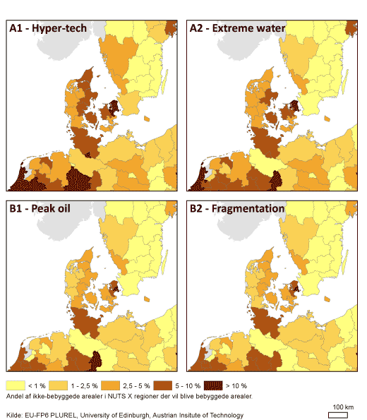Figur 2: Tab af naturområder 2005 – 2025. Det ses at tab af naturområder er størst i scenarie A1 Hyper-tech og dernæst i scenarie A2 Extreme Water. NUTS er et system til at inddele understatslige enheder. På ovenstående kort er inddelingen i Danmark baseret på de gamle amter.