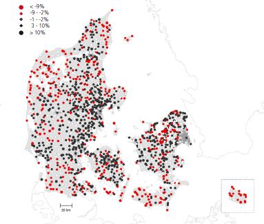 Figur 2. Befolkningsvækst fra 2006 til 2011 for alle danske byer med mindst 200 indbyggere. Kortet er baseret på Danmarks Statistiks (2012) opgørelser af befolkningstal i byer.