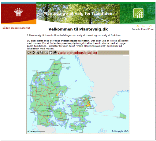 Plantevalg.dk er opbygget som en database, der på baggrund af plantningslokaliteten og plantningsformålet kommer med forslag til muligt egnede træarter og frøkilder.