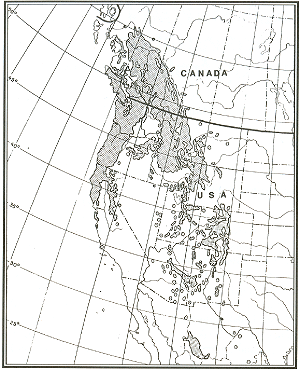 Figur 2. Det naturlige udbredelsesområde for douglasgran (Larsen og Møller 1997).