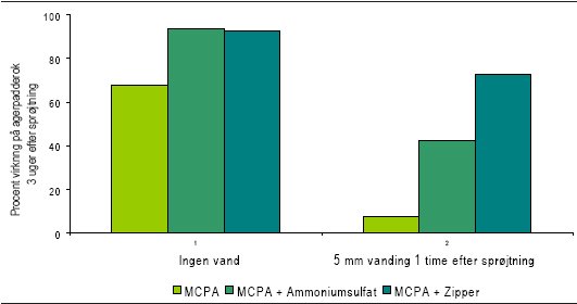 Figur 2. Effekt og regnfasthed. Procent virkning på agerpadderok, bedømt 3 uger efter sprøjtning med MCPA med og uden additiver, efterfulgt af henholdsvis tørvejr eller 5 mm vand 1 time efter sprøjtning. Forsøg 822/05. DJF Flakkebjerg 2005.