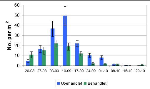 Figur 4. Tæthed af voksne gråsnuder i ubehandlede parceller og parceller behandlet med insektpatogen svamp. Registrering er foretaget ved ugentlig tømning af klækkefælder.