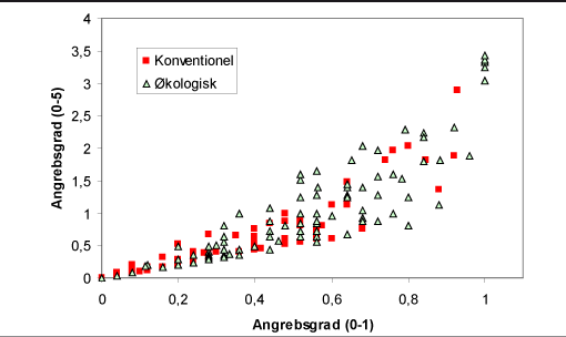 Figur 1. I 2002 blev bladlusangrebet bedømt efter »0-5 metoden«, hvor tætheden af ædelgranlus vurderes på en skala fra 0-5 (se tabel 1). Resultatet kan konverteres til »0-1 skalaen«, hvor det blot registreres, om der er bladlus tilstede på de undersøgte træer (+) eller ej (÷). Overensstemmelse mellem de to metoder kan så sammenlignes. Hver prik repræsenterer gennemsnit af 25 træer talt i én afstand fra hegnet på en bestemt dato. Bemærk at ved lave tætheder/angreb er der en tilnærmelsesmæssig lineær sammenhæng mellem de to metoder, men ved højere tætheder, hvor angrebene bliver betydende, bliver afvigelsen mellem de to bedømmelsesmetoder større. Dette er mest markant for de økologiske arealer.