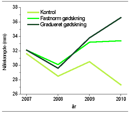 Figur 1. Nålelængden i udvalgte behandlinger på Clausholm. Foruden den ugødskede kontrolbehandling viser figuren nålelængden i den delte gødningsbehandling 8 og fastnormgødskning, behandling 3, se tabel 1 i Videnblad 5.9-51.