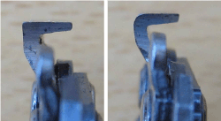 Figur 2. Til venstre en helmejseltand, til højre en halvmejseltand. Sidstnævnte er lidt mindre effektiv, men er nemmere at file og holde skarp. Fotos: Simon Skov