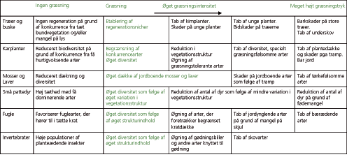 Tabel over effekt af stigende græsningstryk på flora og fauna