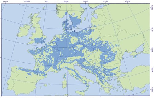 Kort over udbredelse af bøg i Europa
