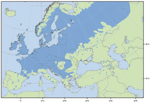 Kort over udbredelse af vortebirk i Europa
