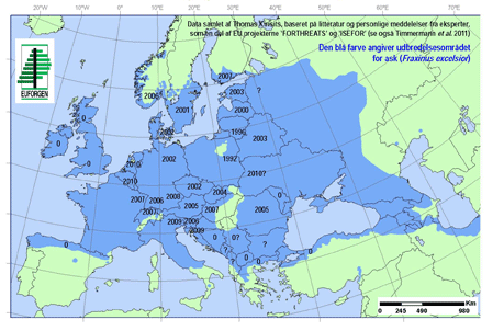 Kort over udbredelse af asketoptørre i Europa.