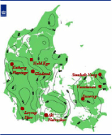 Kort med placering af de otte intensive skovovervågningspunkter i Danmark