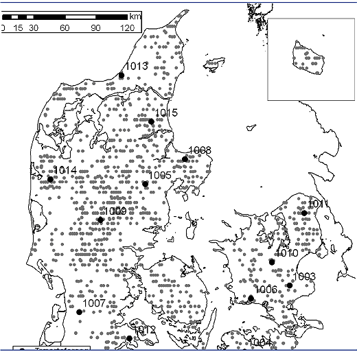 Figur 1. Beliggenheden af NFI-prøvefladerne, der indgår i udviklingen af sammenhængen mellem laserscanning data og bevoksningsvariable, samt beliggenheden af forsøgene i træartsserien.