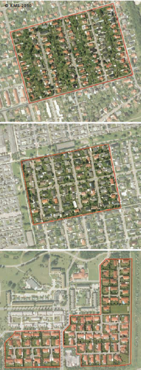 Luftfotos af de tre undersøgte parcelhusområder.