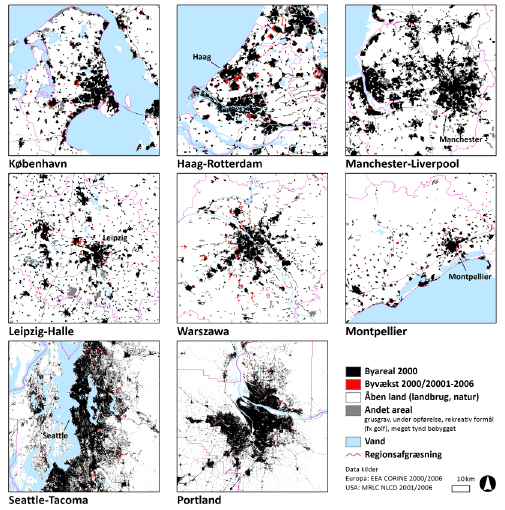 Byareal (år 2000) og byvækst (år 2000-2006) i otte byregioner.