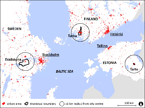 Tre af projekt-byerne: Eskilstuna i Sverige, Turku i Finland og Tartu i Estland illustrerer typiske dilemmaer for en energieffektiv byudvikling.