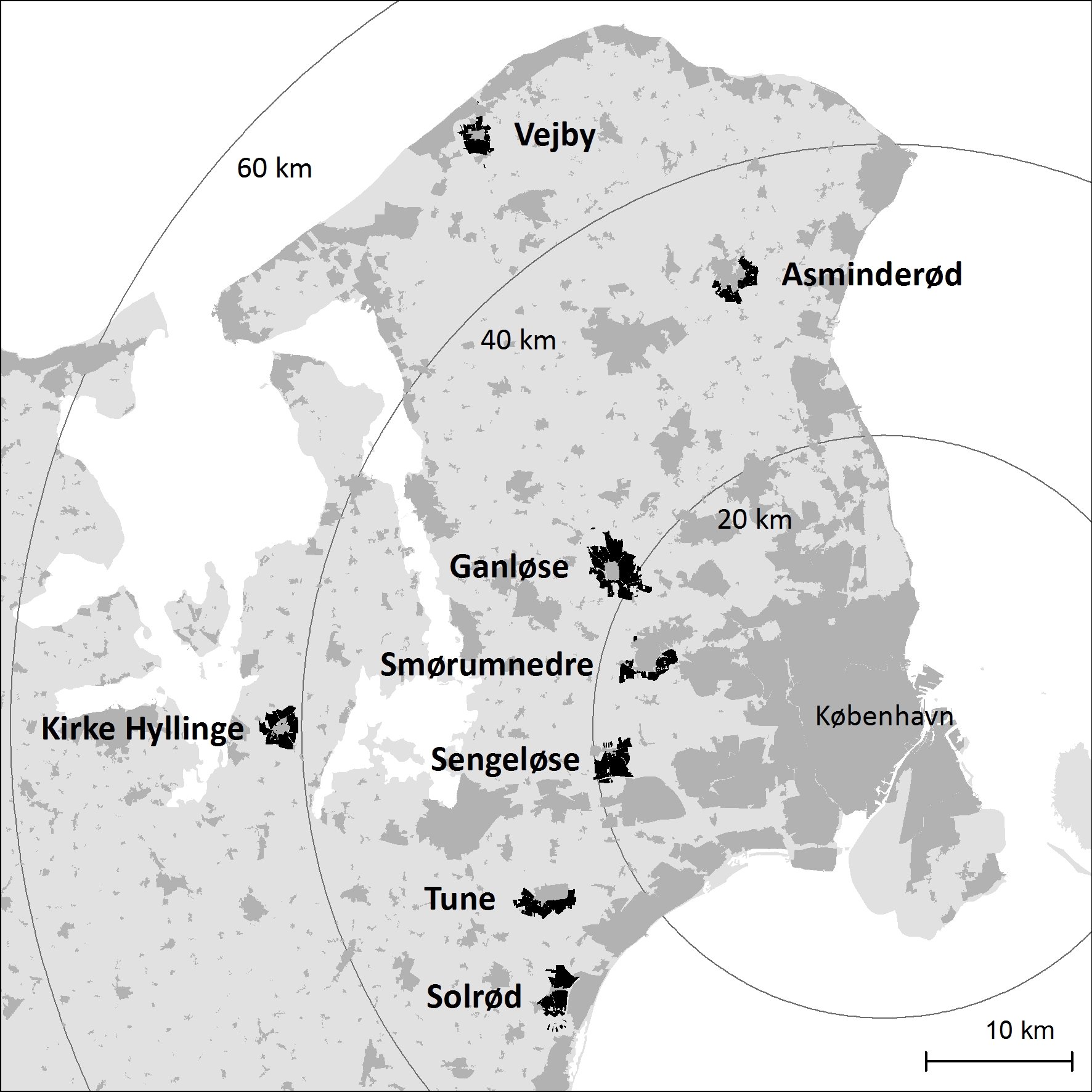 Figur 1. Placeringen af caseområder, med angivelse af afstanden til København som koncentriske cirkler om byen.