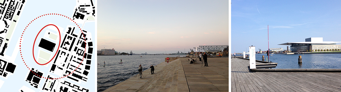 Kort over Operaens placering i København og to billeder med udsigt overhavneløbet med bygninger i baggrunden