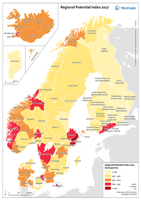 Nordregios Regional Potential Indeks er en metode til at sammenligne udviklingspoten­tialet i alle Nordens 74 regioner.