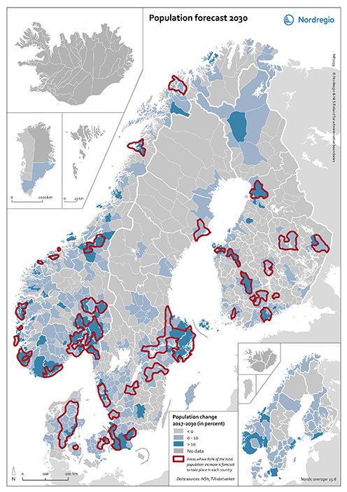Prognose for befolkningsudviklingen i regionerne frem mod 2030. De røde streger viser områder, hvor 80 pct. af den samlede befolkningstilvækst i hvert land forventes at finde sted. Fra State of the Nordic Region 2018.