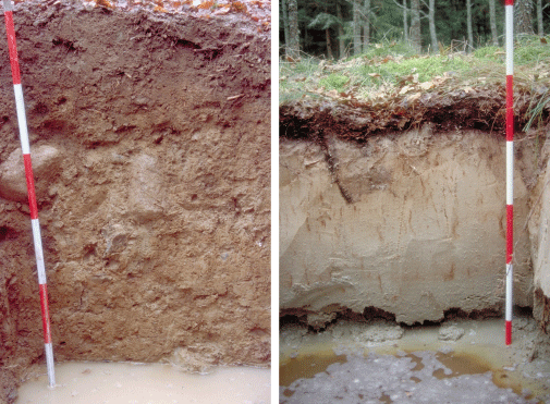På moræneaflejringer (venstre billede) er stenene meget forskellige i størrelse, og sten findes oftest i underjorden.